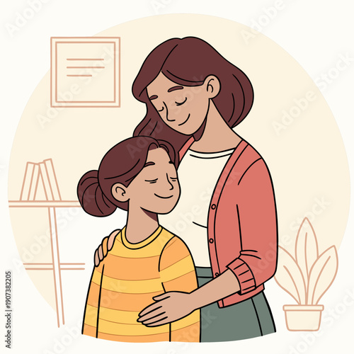 Mother hugs daughter in cozy indoor setting during afternoon Generative AI
