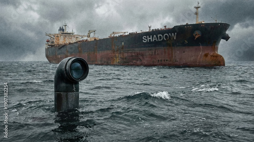 Shadow fleet oil tanker monitored by periscope in rough ocean. Covert maritime surveillance of suspicious vessel during stormy weather.