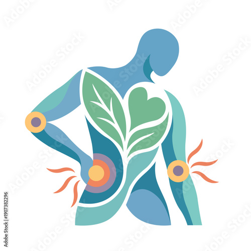 Chronic Pain Management and Holistic Healing Vector. Abstract Human Figure with Leaves for Physiotherapy Clinic and Natural Recovery Concept.