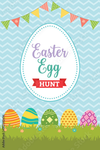 Easter Egg Hunt Poster Template with Colorful Eggs, Holiday Event Flyer Design