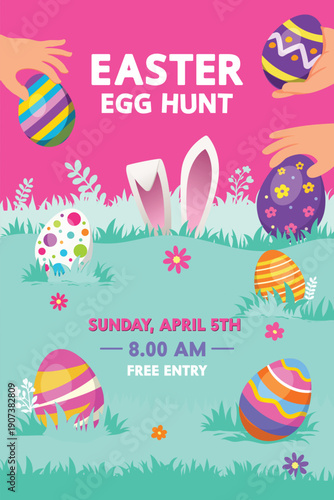 Easter Egg Hunt Poster Template with Colorful Eggs, Holiday Event Flyer Design