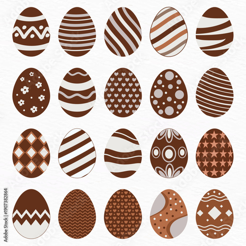 Chocolate Easter Egg Collection Set with Decorative Patterns, Brown Flat Vector Illustration Isolated on White Background