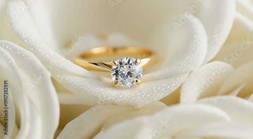 Diamond engagement ring nestled within vibrant white rose Close up of a sparkling  diamond engagement ring nestled within the vibrant white petals of a dewy rose, symbolizing love and romance.