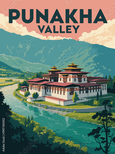 PUNAKHA VALLEY Poster: Large Typography Highlighting Bhutanese Temple Complex with Pink-Orange Sky and Clouds