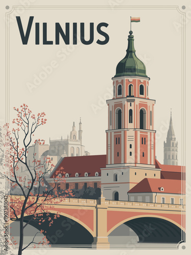 VILNIUS Poster: Large Black Letters with Retro Travel Poster Aesthetic, Decorative Border, and Muted Colors