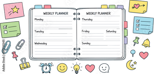 Open weekly planner spread, tabbed notebook pages, paper clips and sticky notes, small reminder icons for Daily reflection spread