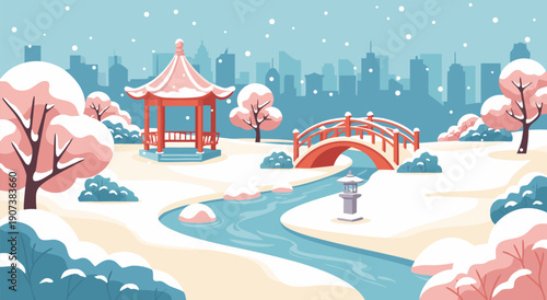 Winter park vector illustration with a bridge and pagoda, snow falling on trees and a flowing river