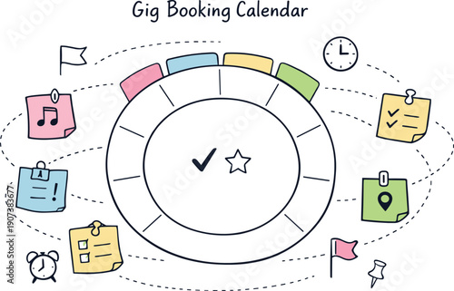 Circular planning wheel, orbiting sticky notes, tiny clock and flag icons, curved dotted paths for Gig booking calendar with tabs