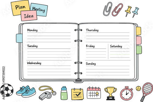 Open weekly planner spread, tabbed notebook pages, paper clips and sticky notes, small reminder icons for Sports practice