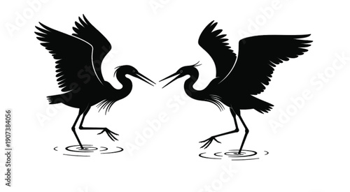 Black silhouette illustration of two dancing crane birds facing each other in water, elegant wildlife symmetry design, minimal nature art isolated on white background