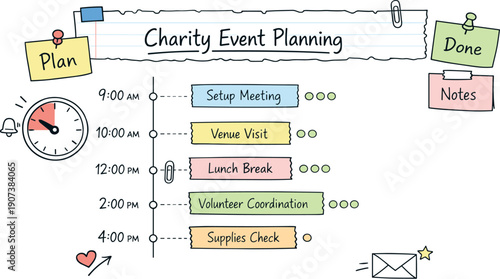 Daily schedule timeline with time blocks, timer and notebook page scraps, sticky notes and progress dots for Charity event