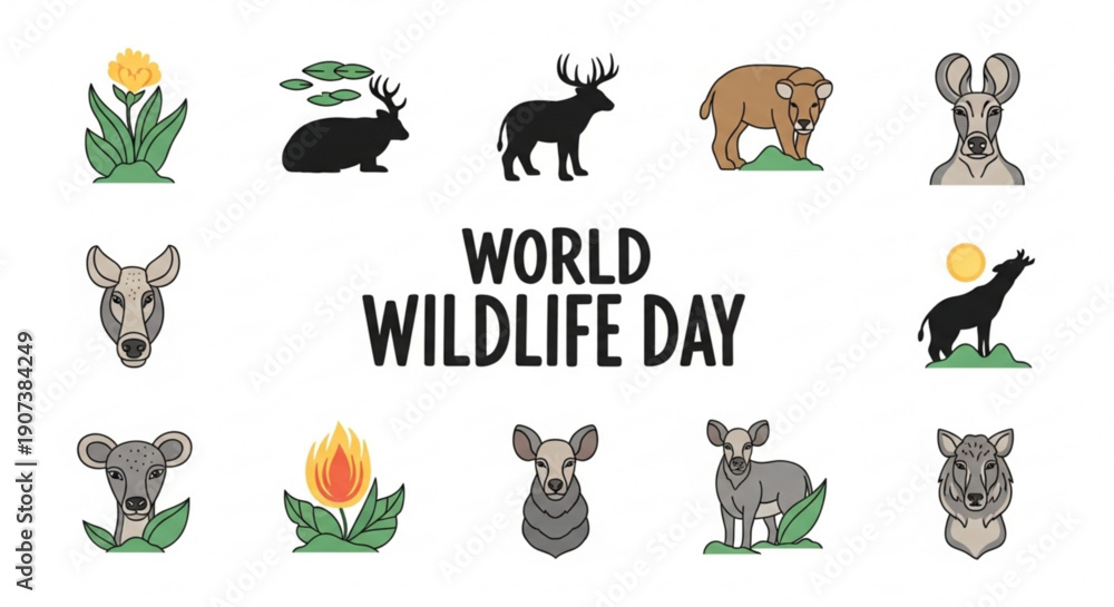 Obraz premium World wildlife day illustration with various animals and plants