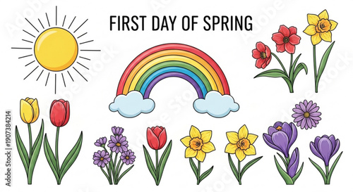 Vibrant spring flowers and rainbow on sunny day