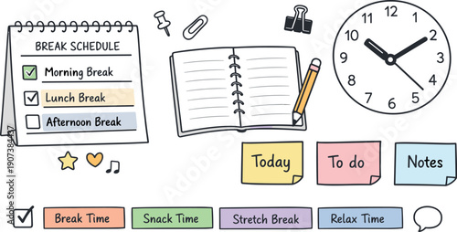 Organized Workspace Elements. Desk calendar page, notebook, sticky notes and a wall clock, checkmarks and event blocks for Break