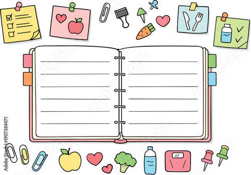 Open weekly planner spread, tabbed notebook pages, paper clips and sticky notes, small reminder icons for Diet planning notes