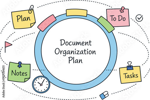 Minimalistic Planning Wheel. Circular planning wheel, orbiting sticky notes, tiny clock and flag icons, curved dotted paths for