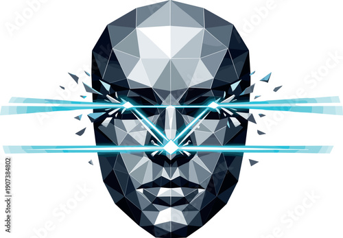 Low-poly vector illustration of a Face ID beam breakthrough moment, biometric beams snapping into precise alignment across facial