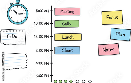 Daily schedule timeline with time blocks, timer and notebook page scraps, sticky notes and progress dots for Appointment booking