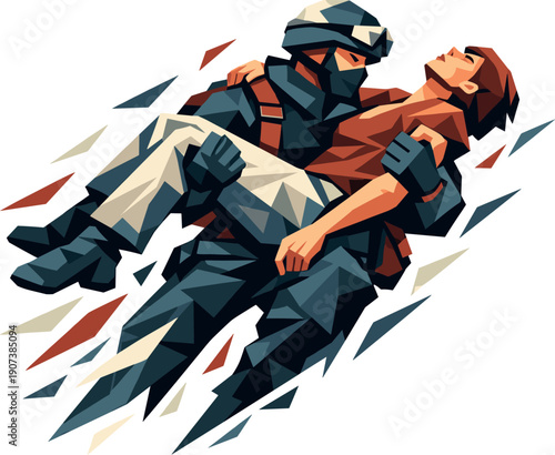 Low-poly vector illustration of a rescuer lifting a survivor into their arms, dynamic diagonal composition with angular limbs