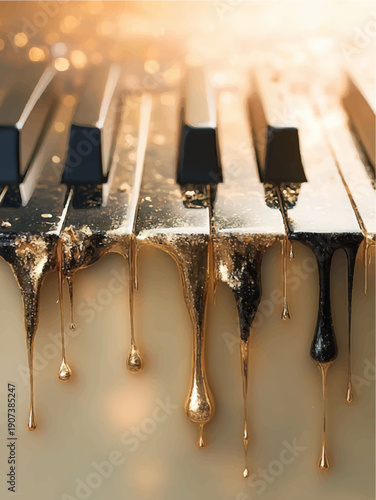 Close Up Piano Keys Dripping with Liquid Gold in Warm Dreamlike Light