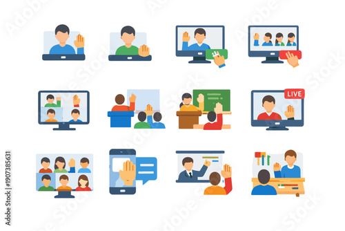 Participant workshop see hand image room vector host generation icon lower raise