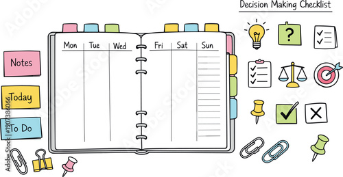Open weekly planner spread, tabbed notebook pages, paper clips and sticky notes, small reminder icons for Decision making