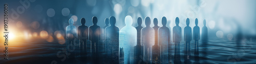 One glowing figure stands out among a crowd of dark blurred silhouettes, symbolizing uniqueness and leadership.