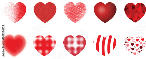 Creative Red Heart Designs Collection. Unique Textured Love Symbols for Valentines Day, Mothers Day and Love Designs