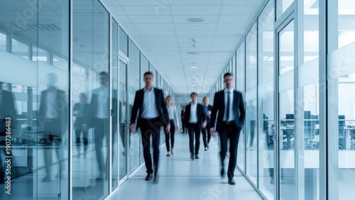Blurred figures in suits walk down a modern glass hallway.