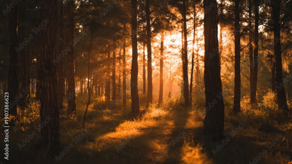 Obraz premium Golden light filters through a forest