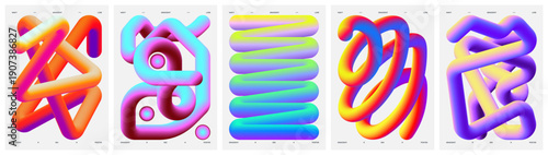 Dynamic multicolored gradient line and loops, Vector minimalistic posters with twisted volumetric line, Colorful iridescent color wavy shape, Geometric background neon curved form