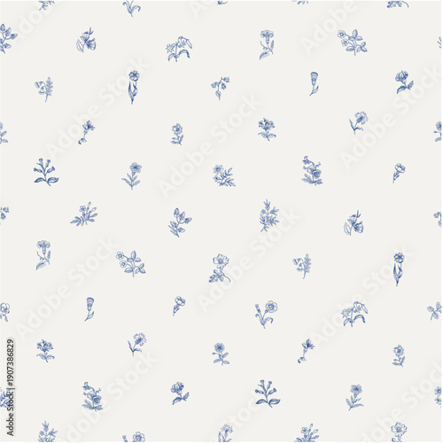 Flowers of the meadow. Seamless pattern. Vintage vector floral illustration. Small flowers, pattern like polka dot. Blue and white
