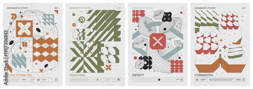 Futuristic abstract graphic wireframe elements of geometric shapes rave composition, Brutalism style vector minimalistic Posters with silhouette postmodern figures, Trendy color print artwork set 103