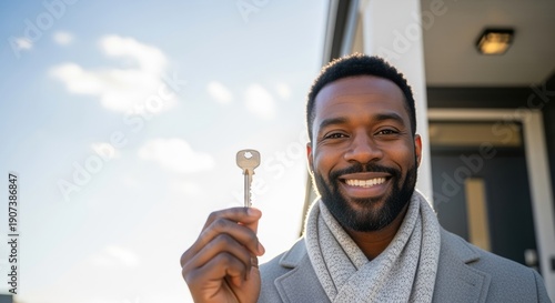 smiling man holding house key outdoors on a sunny day, symbolizing new homeownership