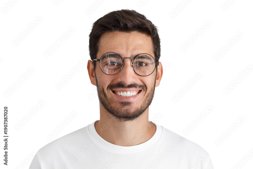 Fototapeta premium Portrait of a smiling young man wearing round glasses looking at camera