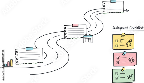 Milestone roadmap path, notebook strips as checkpoints, mini chart and calendar icons, pinned sticky notes for Deployment
