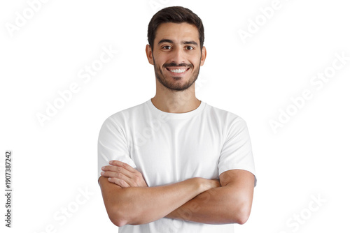Man with arms crossed smiling wearing white t-shirt