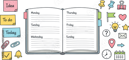 Open weekly planner spread, tabbed notebook pages, paper clips and sticky notes, small reminder icons for Reminder note