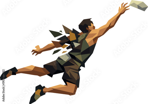 Low-poly vector illustration of a climber mid-dyno facing maximum tension, fully airborne angular silhouette stretched between