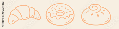 Minimalist hand-drawn doodle set of a croissant, frosted donut, and cinnamon roll. Aesthetic bakery line art illustration in soft pastel colors.