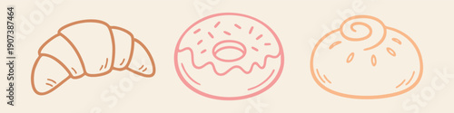 Minimalist hand-drawn doodle set of a croissant, frosted donut, and cinnamon roll. Aesthetic bakery line art illustration in soft pastel colors.