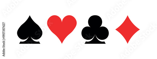 Suit deck of playing cards. Casino icons. Pictograms representing various suits. Vector illustration. Flat design for modern visual elements.