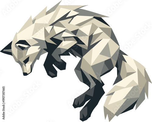 Low-poly vector illustration of an arctic fox suspended at the peak of the pounce, body twisted slightly with tense angular