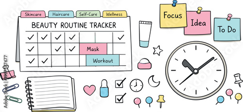 Desk calendar page, notebook, sticky notes and a wall clock, checkmarks and event blocks for Beauty routine tracker with tabs,
