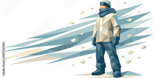 Low-poly vector illustration of a blizzard gust push future state, figure standing resilient and upright as wind geometry settles