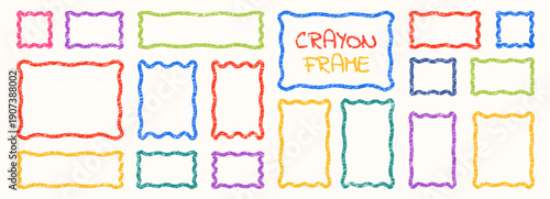 Crayon frame set with wiggly square and circle boxes, uneven lines, and playful scribbles. Designed for kids templates, text highlights, and cheerful educational graphics