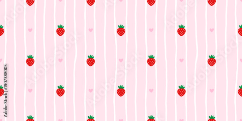 Cute strawberry seamless pink background with heart accents. Ideal for wallpaper, tablecloth prints, and kawaii summer designs