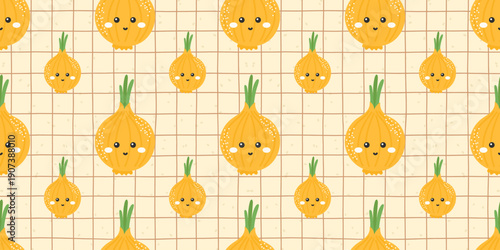 Seamless kawaii onion pattern with cute bulbs on a soft gingham background. Designed for kitchen textiles, food packaging, and playful grocery-themed prints
