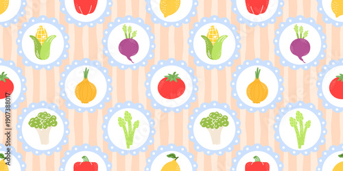 Seamless cute vegetable pattern with tomatoes, beets, corns and broccoli in a playful doodle style. Designed for organic food packaging, kitchen textiles, and autumn backgrounds
