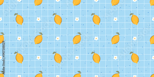 Cute lemon seamless background with yellow citrus, floral accents, and classic checkered texture. Ideal for spring prints, kitchen decor, and kawaii food packaging